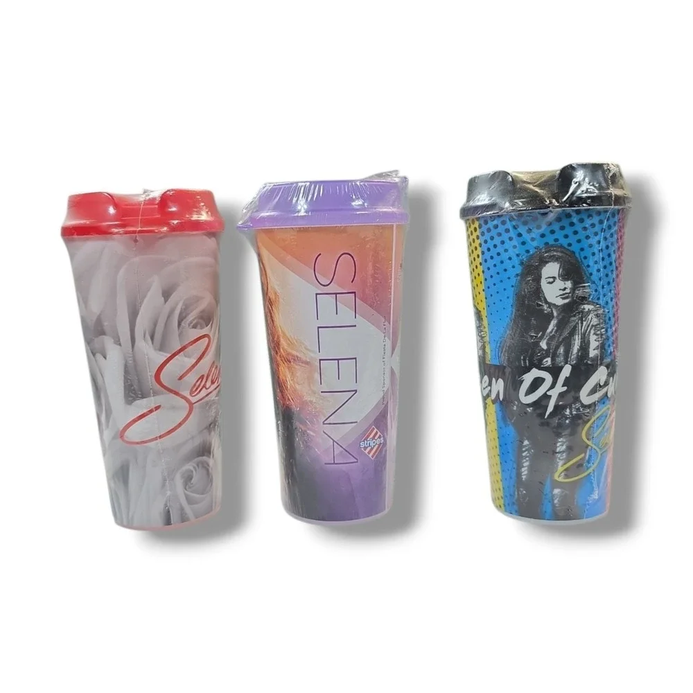 Selena‎ Commemorative Whirley Plastic Cups With Lids New Sealed 25yrs Lot Of 3